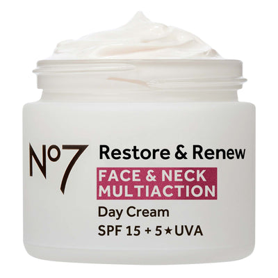 No7 Restore & Renew Face & Neck Multi Action Day Cream 50ml — SPF 15 Anti-Ageing Firming Moisturiser by No7