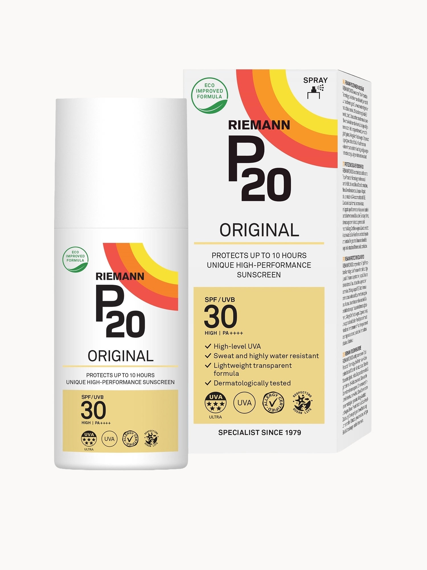 P20 Original SPF30 — highly water and sweat resistant sunscreen spray