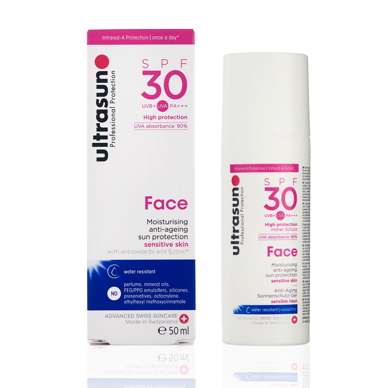 Ultrasun Face SPF30 — back of pack with ingredients and claims