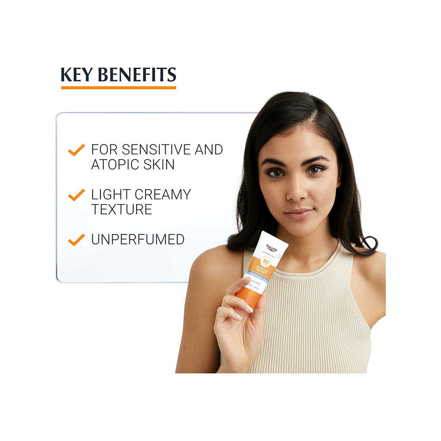 Eucerin Sensitive Protect face SPF50+ — angled product shot