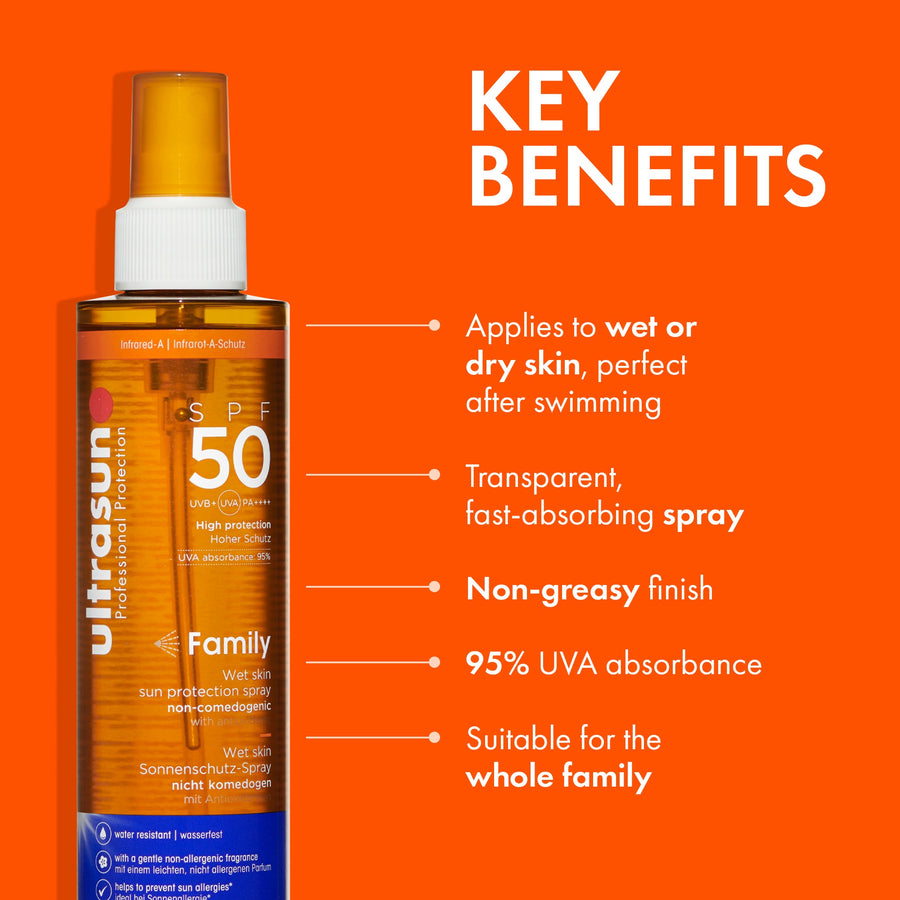 Ultrasun Family Wet Skin SPF50 — key benefits wet and dry skin application