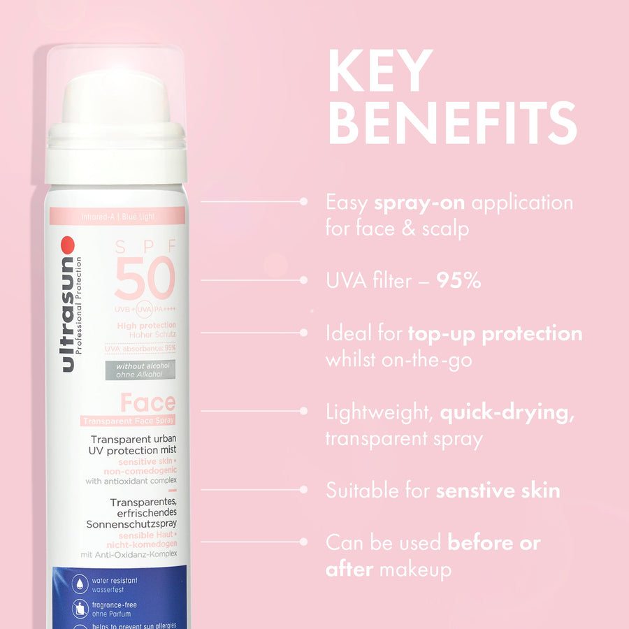 Ultrasun Face & Scalp Mist SPF50 — key benefits transparent spray